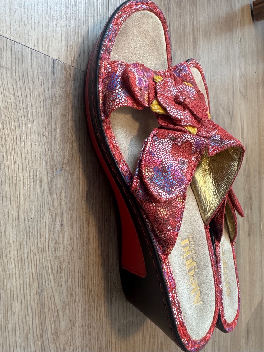 Alegria Red Floral Leather Slide Mules with Yellow Petal Details